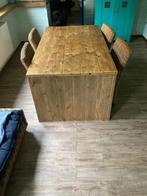 Steigerhout eetkamer tafel met 4 rotan stoelen, Ophalen, Gebruikt, Hedendaags, 4 tot 6 stoelen