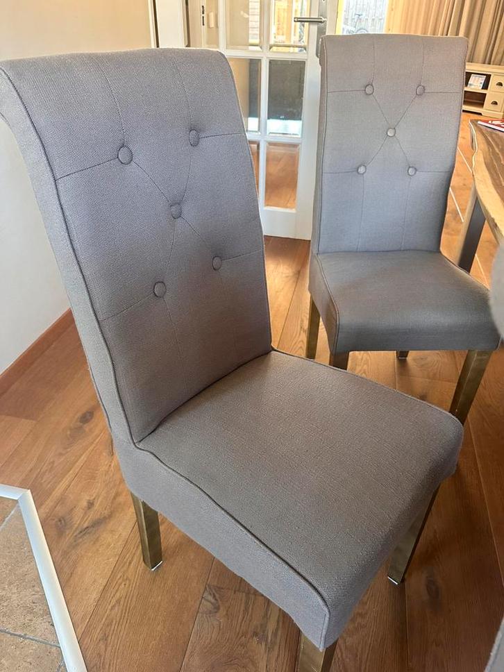 6 eetkamerstoelen – taupe stof, Huis en Inrichting, Stoelen, Zo goed als nieuw, Stof, Overige kleuren, Ophalen