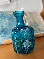 Karafje + glaasje turquoise geëmailleerd blaadjes en bloemen, Ophalen of Verzenden