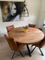 Ronde eettafel mangohout 150cm stalen poten, Huis en Inrichting, Ophalen, Rond, Zo goed als nieuw, Vijf personen of meer
