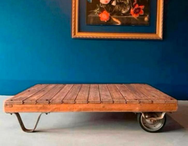 Vintage industriële transport kar, stationskar, salontafel, Huis en Inrichting, Tafels | Salontafels, Gebruikt, Minder dan 50 cm