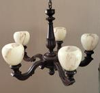 Oude donkerbruine hanglamp met 5 armen en glazen kelken, Ophalen, Gebruikt, Glas, 75 cm of meer