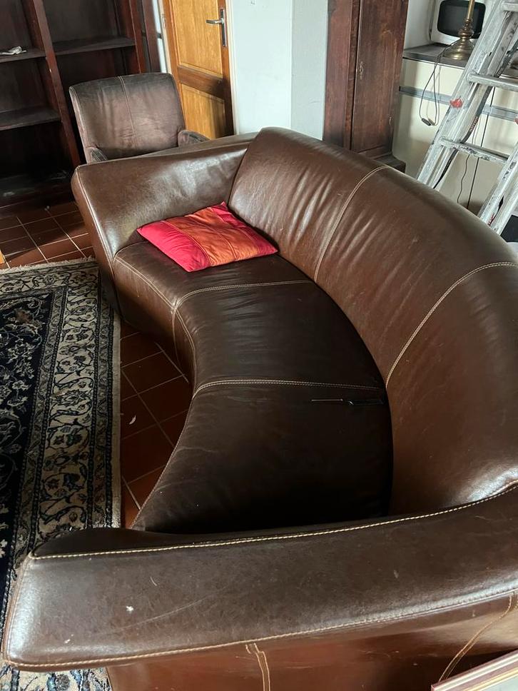 Bruine leren 3-zits bank, Huis en Inrichting, Banken | Bankstellen, Gebruikt, Rechte bank, Driepersoons, 200 tot 250 cm, 75 tot 100 cm
