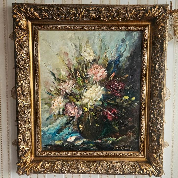 Bloemstilleven maat 84x74cm gesign R/O met dikke verenlijst, Antiek en Kunst, Kunst | Schilderijen | Klassiek, Ophalen