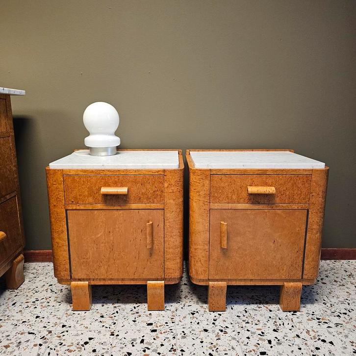 Set Art Deco Nachtkastjes - Uniek Birdseye Esdoorn & Marmer, Antiek en Kunst, Antiek | Meubels | Kasten, Ophalen of Verzenden