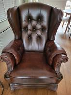 Chesterfield stoel, bruin helemaal opnieuw bekleed met leder, Chesterfield, Ophalen of Verzenden, Zo goed als nieuw, Leer