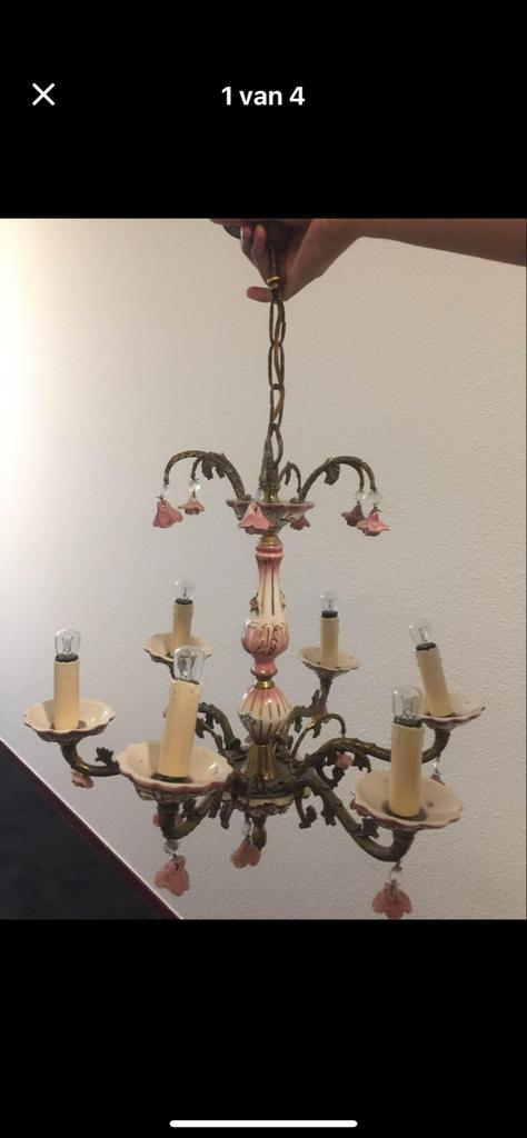 Romantische Kroonluchter met Roze Roosjes, Huis en Inrichting, Lampen | Kroonluchters, Gebruikt, Ophalen