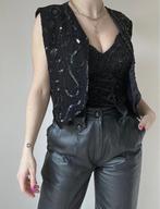 Vintage pailletten gilet, XS/S. Party glitter bloem festival, Verzenden, Zwart, Vintage, Maat 34 (XS) of kleiner