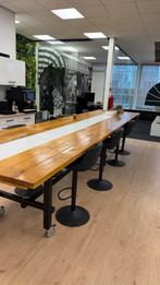 Lange eettafel/bartafel 5 meter + 8 barkrukken, Gebruikt, 100 tot 150 cm, Eikenhout, 200 cm of meer