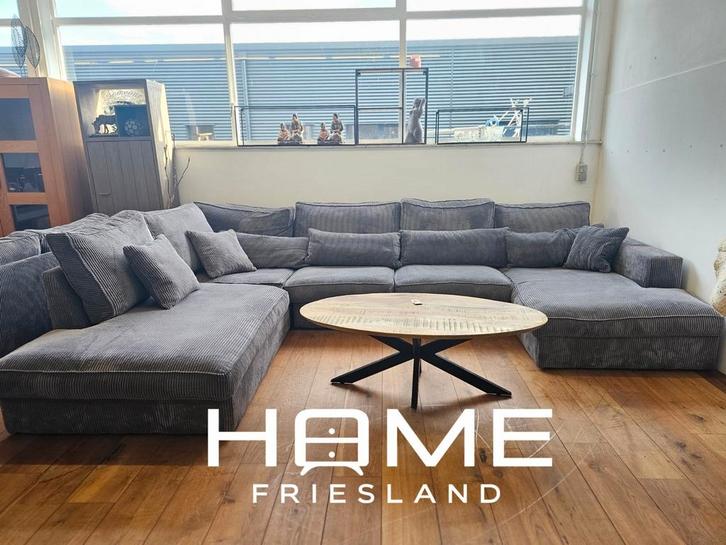 Hoekbank - Ribstof - Grijs, Huis en Inrichting, Banken | Voetenbanken en Poefen, Zo goed als nieuw, 125 cm of meer, 125 cm of meer