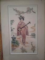Borduurwerk Japanse Geisha in lijst met passepartout, Antiek en Kunst, Kunst | Etsen en Gravures, Ophalen