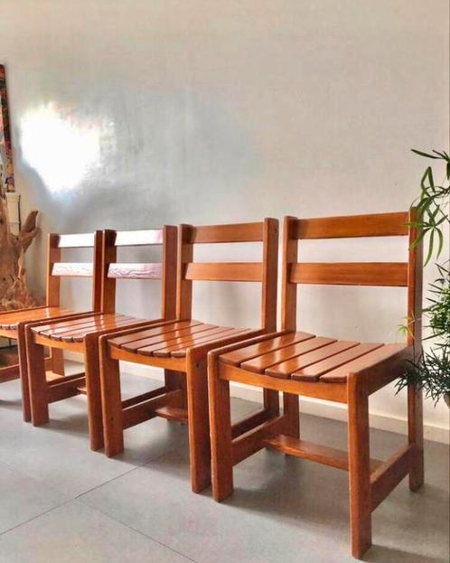 Set (4) Vintage 70’s Nova Design houten latten STOELEN, Huis en Inrichting, Stoelen, Gebruikt, Vier, Hout, Bruin, Ophalen