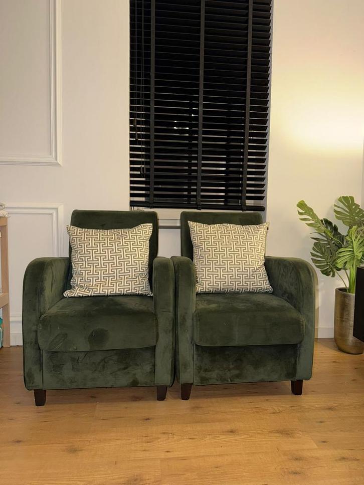 Twee groene fauteuils – mooie staat!, Huis en Inrichting, Fauteuils, Stof, 50 tot 75 cm, 75 tot 100 cm, Ophalen