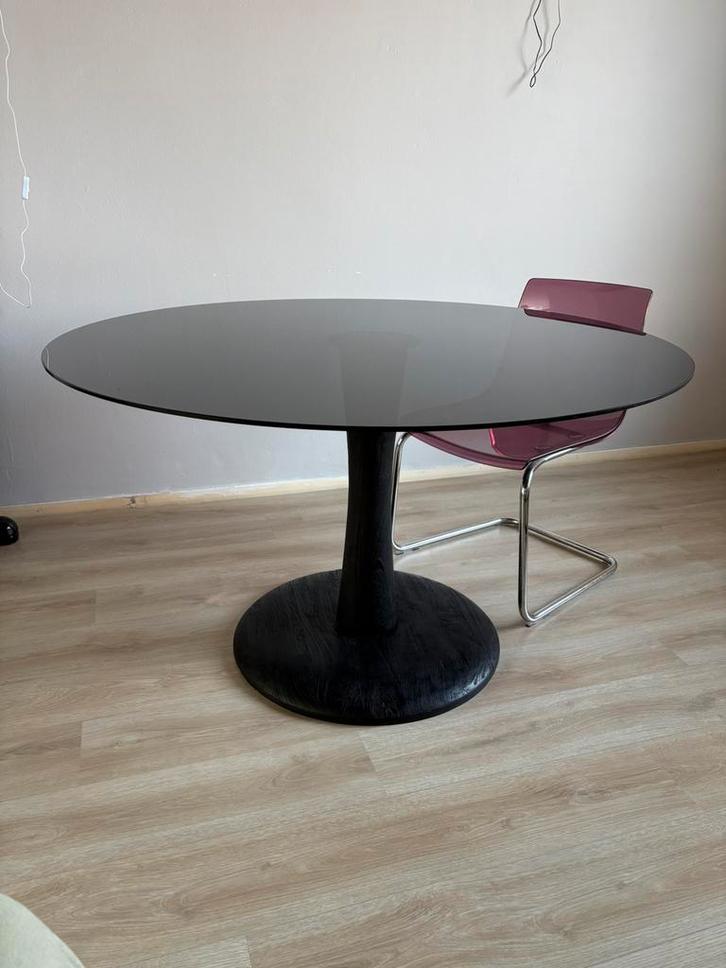 Ronde design tafel, Huis en Inrichting, Tafels | Eettafels, Gebruikt, 100 tot 150 cm, Rond, Glas, Ophalen