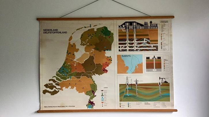 Schoolplaat over delfstoffen in Nederland, Antiek en Kunst, Antiek | Schoolplaten, Aardrijkskunde, Ophalen