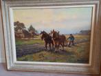 Zeer kleurrijk schilderij Ploegende paarden door A.van Gilst, Ophalen