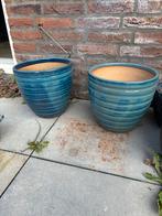 2 blauwe tuinpotten, Tuin en Terras, Bloempotten, Ophalen, Rond, Aardewerk, Minder dan 40 cm