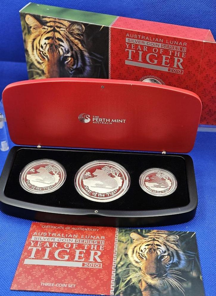 (9368) AUSTRALIA LUNAR II SET TIGER 2010 PROOF 0,5-1-2  Oz., Postzegels en Munten, Munten | Oceanië, Setje, Zilver, Ophalen of Verzenden