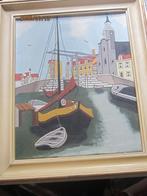 Naief Olieverfschilderijtje R.dam Delfshaven met Pelgrimkerk, Antiek en Kunst, Ophalen