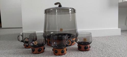 Vintage bowl en 6 glazen met koperen rand, Verzamelen, Glas en Borrelglaasjes, Zo goed als nieuw, Ophalen