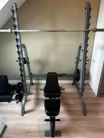 Compleet squat & bench rack + bank + gewichten (Body-Solid), Gebruikt, Fitnessbank, Ophalen