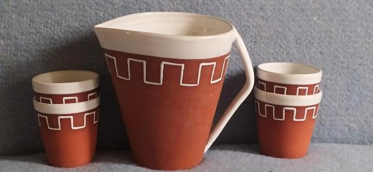 1950's terracotta kan en 4 bekers. Puntgaaf., Antiek en Kunst, Antiek | Keramiek en Aardewerk, Ophalen of Verzenden