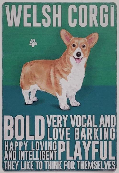 Welsh Corgi hond eigenschappen reclamebord van metaal deco, Dieren en Toebehoren, Honden-accessoires, Nieuw, Ophalen of Verzenden