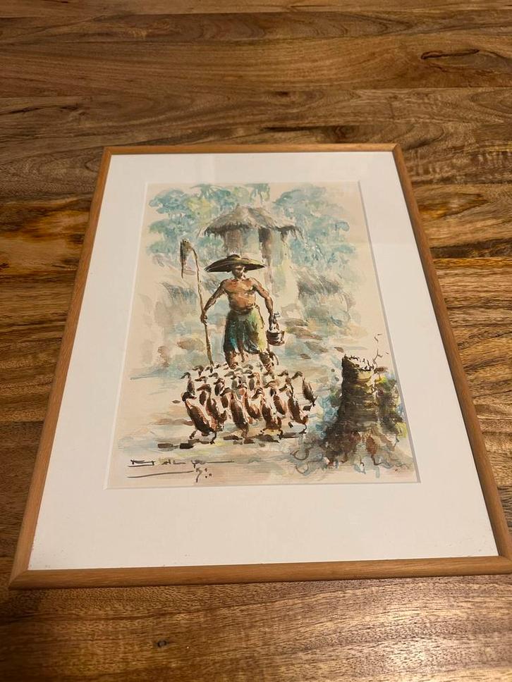 Aquarel van Aziatische eendenhoeder, Antiek en Kunst, Kunst | Tekeningen en Foto's, Ophalen of Verzenden