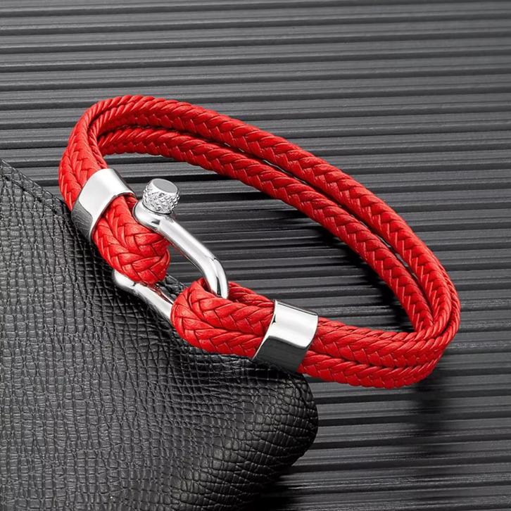 Dubbele Rode Gevlochten Leren Armband Zilveren Sluiting, Sieraden, Tassen en Uiterlijk, Armbanden, Nieuw, Leer, Rood, Verzenden