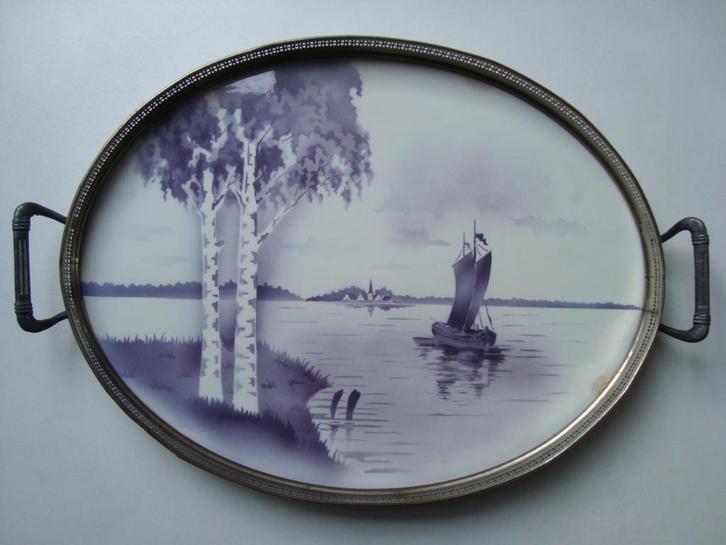 Oud groot dienblad keramiek blad waterlandschap violet-blauw, Antiek en Kunst, Antiek | Servies los, Ophalen