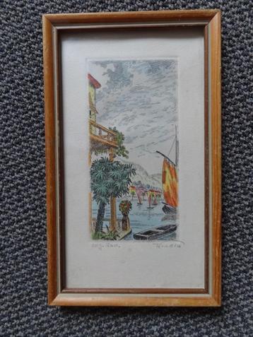 Ets in kleur, ingelijst 21x13 cm, gesigneerd en orig. rad beschikbaar voor biedingen