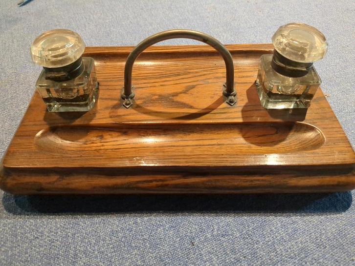 Antiek Inktpotstel met Houten Blad, Antiek en Kunst, Antiek | Kantoor en Zakelijk, Ophalen of Verzenden