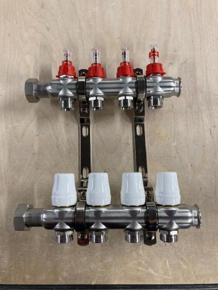 NIEUW! RVS Verdeler 4 groepen met flowmeters, Doe-het-zelf en Verbouw, Platen en Panelen, Nieuw, Overige materialen, Minder dan 20 mm