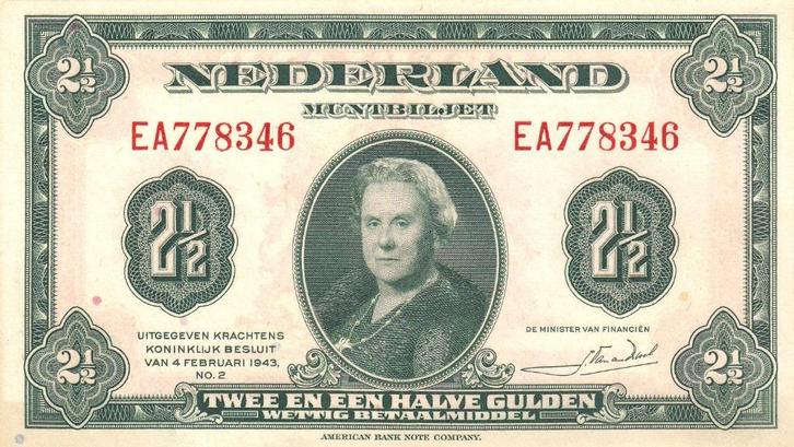 Wilhelmina muntbiljet -2½ gulden 4.2.1943 aUNC -P65,AV12.1, Postzegels en Munten, Bankbiljetten | Nederland, 2½ gulden, Verzenden