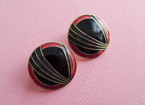 jwg Vintage 70s 80s Art Deco emaille oorbellen zwart rood, Sieraden, Tassen en Uiterlijk, Antieke sieraden, Oorbellen, Overige materialen