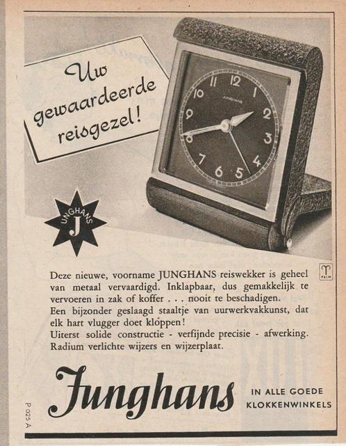 retro reclame 1950 Junghans reiswekker uw metgezel, Verzamelen, Retro, Overige typen, Ophalen of Verzenden