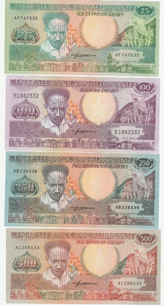 mooie set biljetten van 25-100-250-500 suriname ongebruikt, Postzegels en Munten, Bankbiljetten | Amerika, Setje, Ophalen of Verzenden