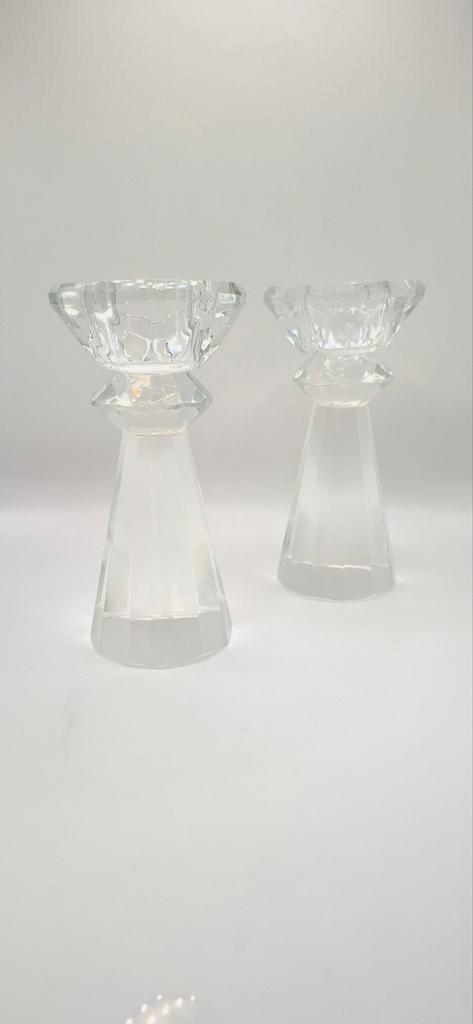 Set van 2 kristallen kandelaars – facetgeslepen – ca. 10 cm, Antiek en Kunst, Antiek | Glas en Kristal, Ophalen of Verzenden