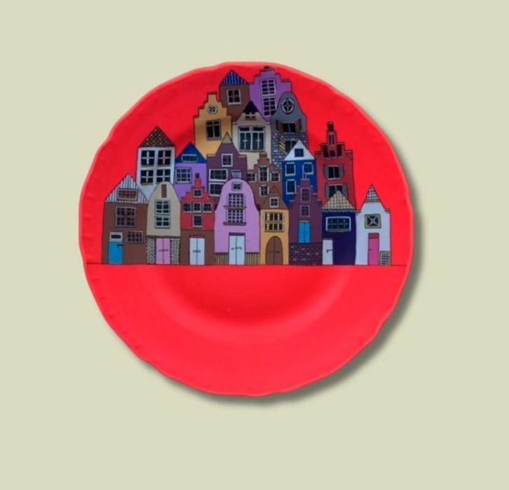 Handbeschilderd Bordje - Kleurrijke Huisjes, Huis en Inrichting, Woonaccessoires | Overige, Nieuw, Ophalen of Verzenden