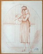 A493-82 Oude tekening Vrouw in bontjas en muts bij deur, Ophalen of Verzenden