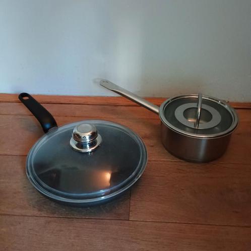 Koekenpan en steelpan met deksels, Huis en Inrichting, Keuken | Potten en Pannen, Gebruikt, Overige typen, Rvs, Keramische plaat