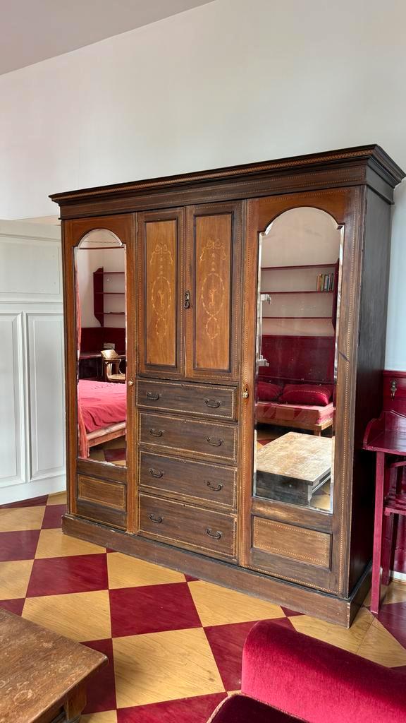 Antieke kledingkast met spiegeldeuren, Huis en Inrichting, Kasten | Kledingkasten, Gebruikt, 150 tot 200 cm, 50 tot 75 cm, Met lade(s)