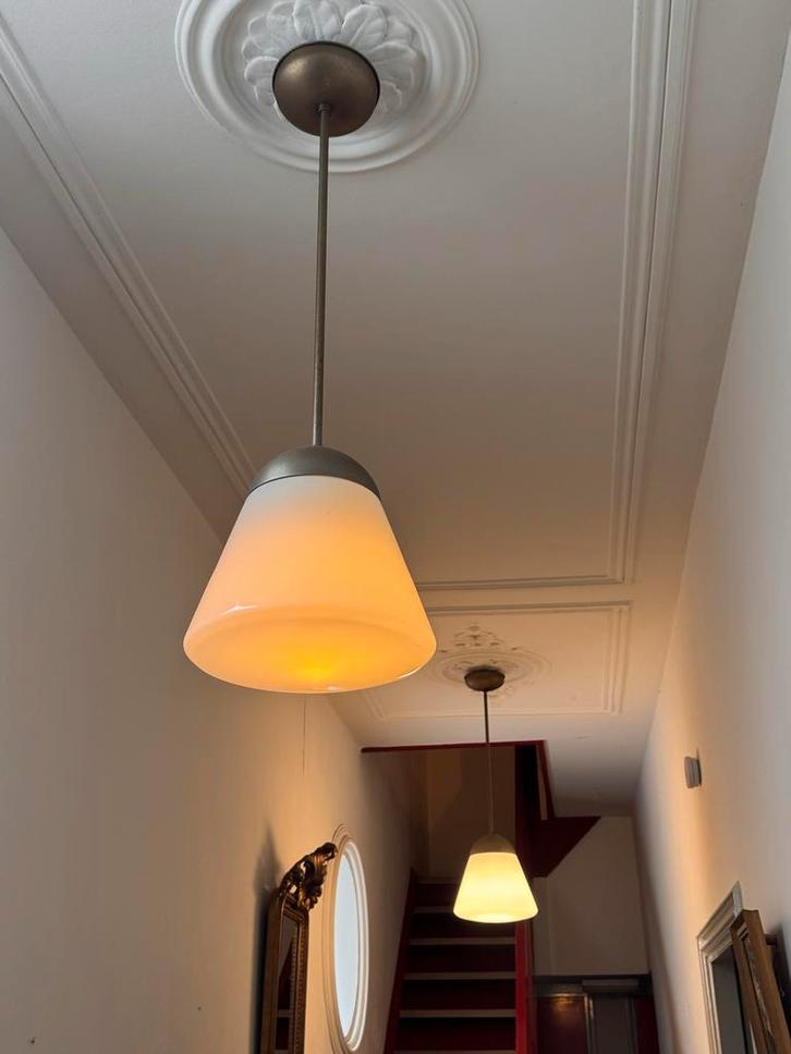 Antieke Schoollampen - Set van 2, Huis en Inrichting, Lampen | Hanglampen, Zo goed als nieuw, 75 cm of meer, Metaal, Ophalen
