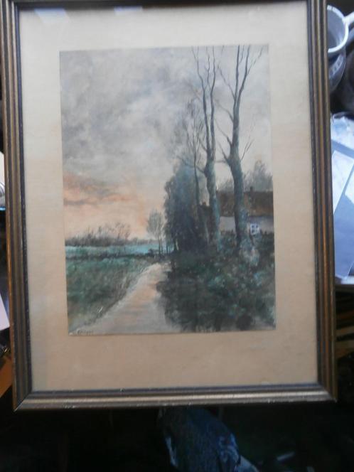 GRUPPE, Mooie Aquarel v/e Boerderij met Avondlucht, Antiek en Kunst, Kunst | Litho's en Zeefdrukken, Ophalen of Verzenden