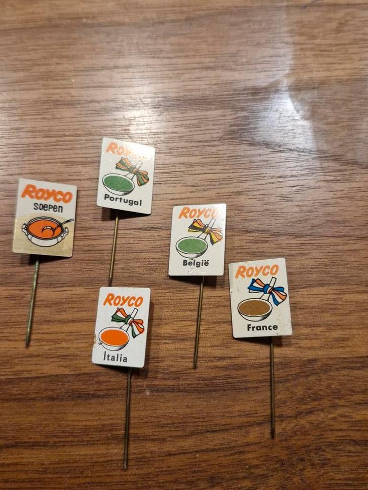 Sp 196 Royco Soepen Speldjes - Collectie van 5, Verzamelen, Speldjes, Pins en Buttons, Gebruikt, Speldje of Pin, Merk, Ophalen of Verzenden