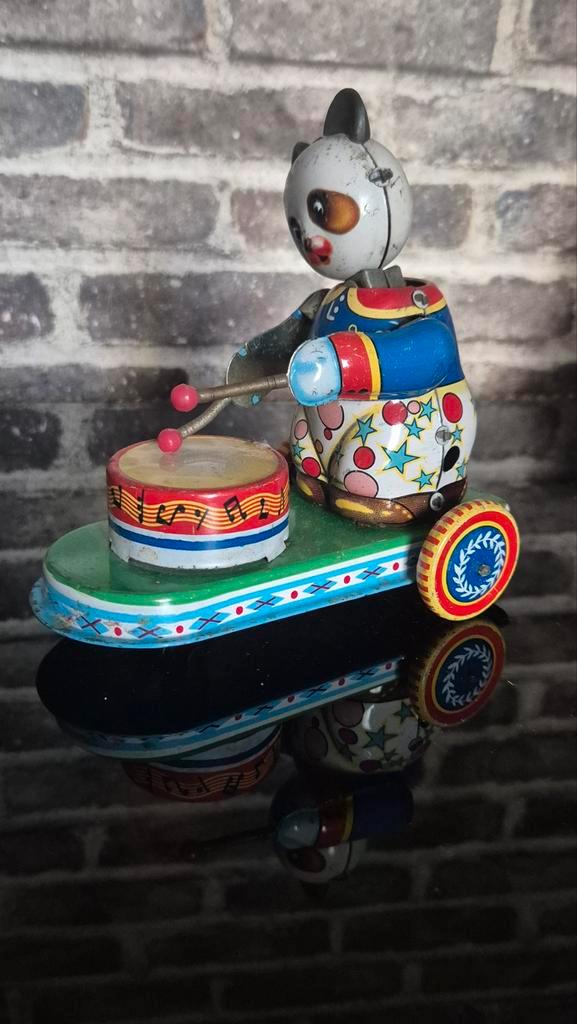 Vintage blikken speelgoed panda beertje met trommel, Antiek en Kunst, Antiek | Speelgoed, Ophalen of Verzenden