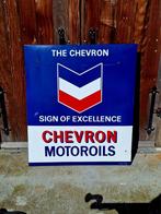 XL emaille reclamebord Chevron Motoroil, Langcat Bussum️️⛽️, Verzamelen, Merken en Reclamevoorwerpen, Ophalen, Reclamebord, Gebruikt