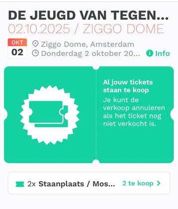 Jeugd van Tegenwoordig 2 Tickets 2 oktober staplaatsen beschikbaar voor biedingen
