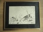 VTG Gesigneerde inkttekening mid-century landschap met hoeve, Antiek en Kunst, Kunst | Schilderijen | Klassiek, Ophalen of Verzenden