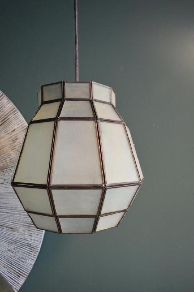 Metalen koperkleurige hanglamp met melkglas, Huis en Inrichting, Lampen | Hanglampen, Nieuw, Minder dan 50 cm, Glas, Metaal, Ophalen of Verzenden